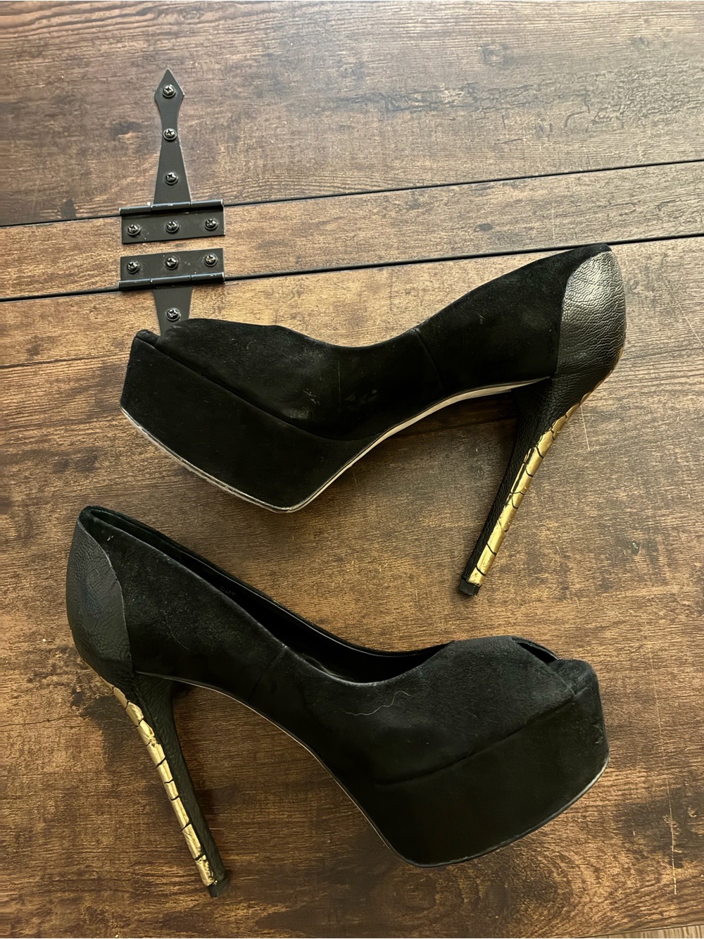 Brian Atwood Black Suede Platform Peep-Toe Pumps with Gold Stiletto